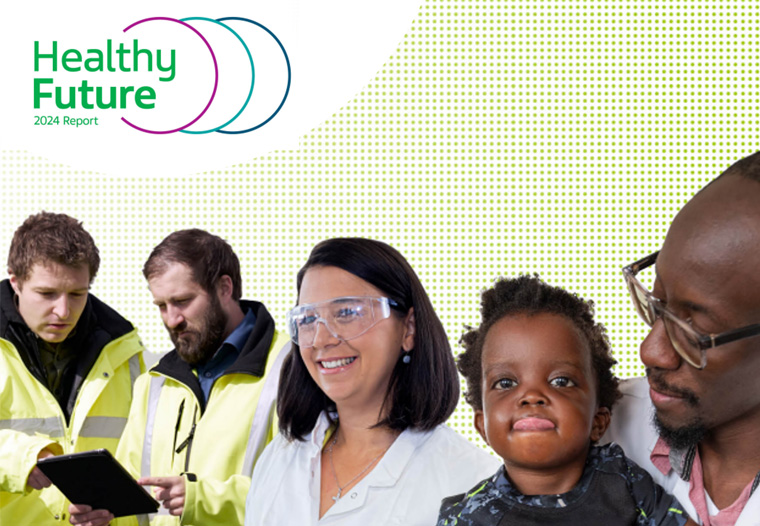 Logo Healthy Future mit verschiedene Menschen (Patienten und Mitarbeiter)