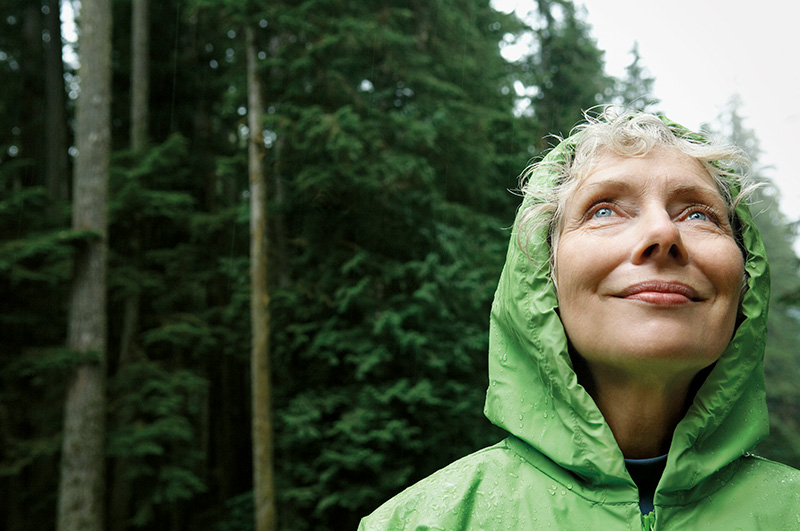 Frau im Wald, aufmerksamer glücklicher Blick zu den Bäumen