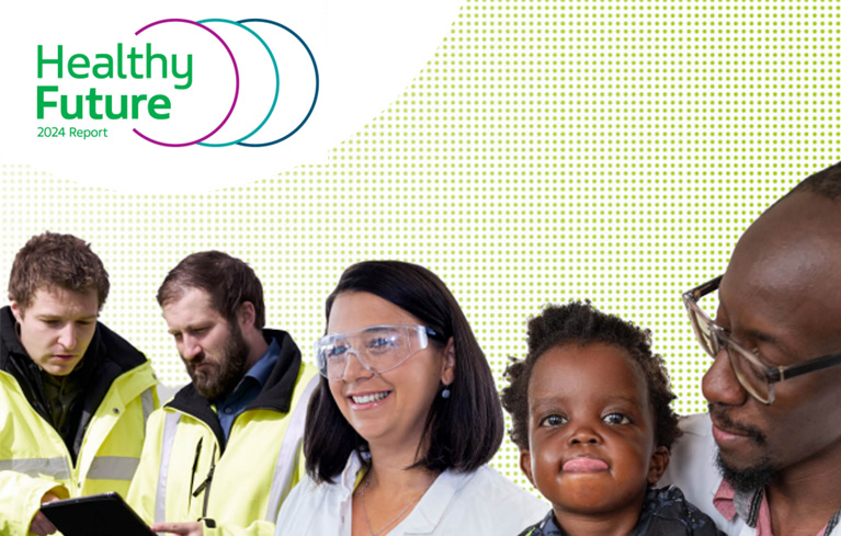 Logo Healthy Future mit verschiedene Menschen (Patienten und Mitarbeiter)